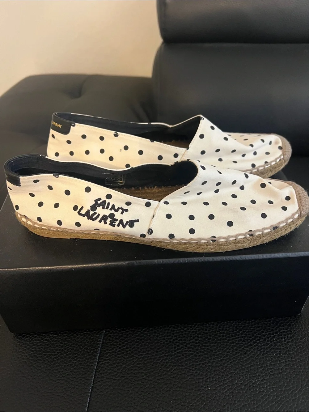 Saint Laurent Cream Espadrille Slip-On with Black Polka Dots